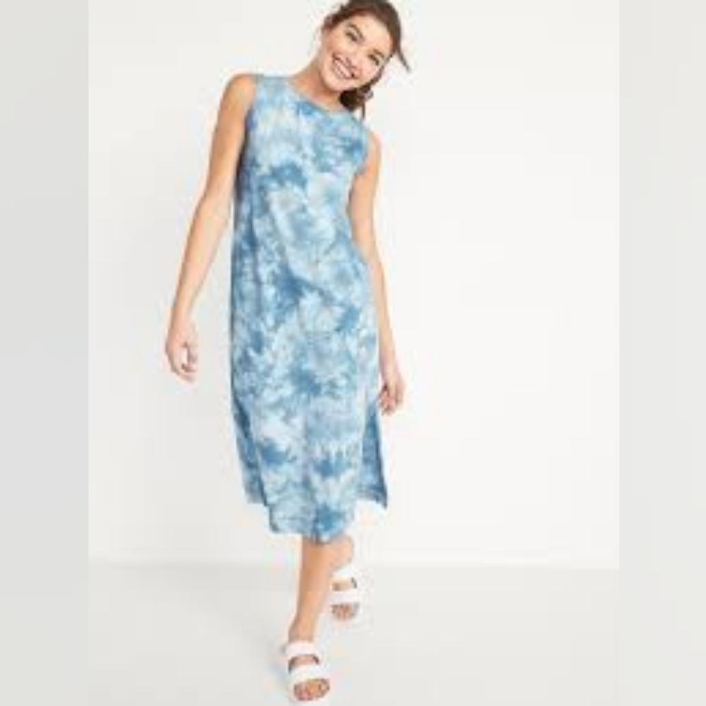 Old Navy #689561 Blue Tie-Dye Midi T-Shirt Sleeveless Shift Dress NWT